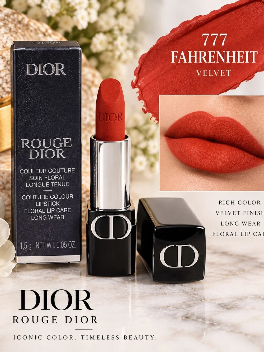 Dior Rouge Dior Lipstick- 777 Fahrenheit - w/ 4 Dior Joy ❤️♠️♦️♣️ 5s cards